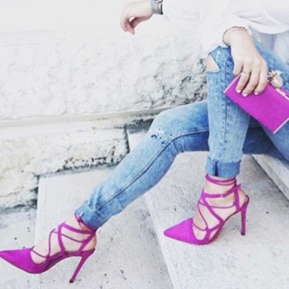 SOLD!! ZARA TRAFALUC Women Fuchsia Magenta Pink Suede Ankle Heel Shoes 37 6.5 US - Picture 2 of 10